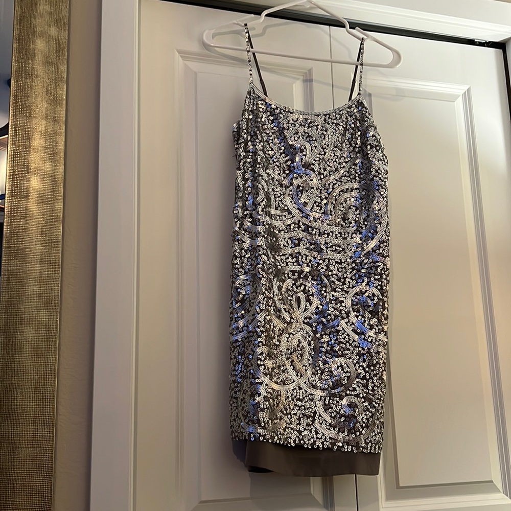 BCBG MaxAzria grey silk spaghetti strap slip dress with silver sequin overlay.